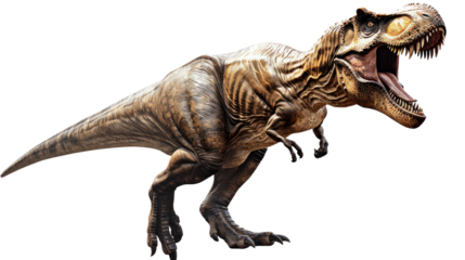 Tyrannosaurus Rex: Witness the might of the Tyrannosaurus Rex, a colossal carnivore. Its powerful jaws open, revealing rows of teeth, against the background.