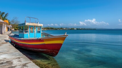 A brightly painted Caribbean fishing boat docked at a scenic harbor, symbolizing maritime culture and local traditions.