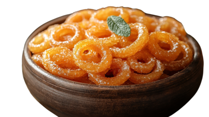 Jalebi Delight: An enticing array of vibrant orange jalebis, a popular Indian sweet, presented in a rustic bowl, tempting with their sugared glaze and intricate spiral shapes. A visual treat!