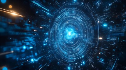 Futuristic technology core of digital network with interconnected data stream tunnel with light effects