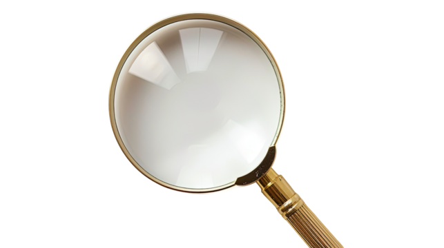 Magnifying Glass: An eye-level shot of a magnifying glass, isolating it with a clear focus to highlight its use for investigation and inspection, bringing detail and insight to the forefront.