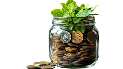 Growth in the Glass: A visual metaphor of growth, where a jar filled with coins sprouts fresh leaves, symbolizing the flourishing of investment, finance, and wealth.