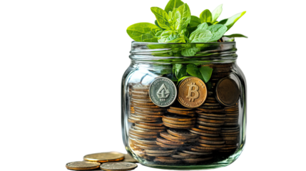Growth in the Glass: A visual metaphor of growth, where a jar filled with coins sprouts fresh leaves, symbolizing the flourishing of investment, finance, and wealth.