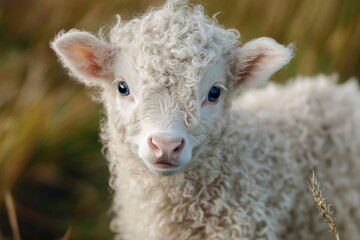 Obraz premium Fluffy lamb portrait in golden field