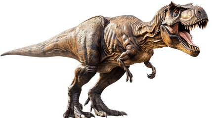 Fototapeta premium Tyrannosaurus Rex: A detailed depiction of a powerful Tyrannosaurus Rex, its jaws wide in a roar, showcasing the majesty and ferocity of the prehistoric predator.