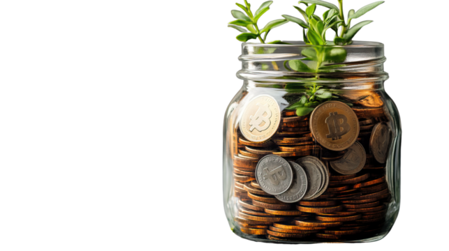 Invest in Growth: A transparent jar filled with coins and sprouting vibrant green plants, symbolizing financial growth and prosperity, a visual representation of investment