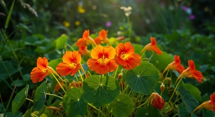 Vibrant orange flowers bask in warm sunlight lush green foliage creates a serene garden scene.. AI Generated