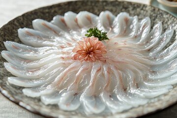 A delicate presentation of fugu (pufferfish) sashimi, translucent slices arranged in a chrysanthemum pattern, traditional Japanese plating, transparent background.