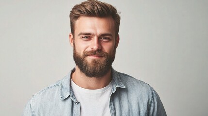 Obraz premium Handsome Man with Beard in Casual Clothes Against Neutral Background