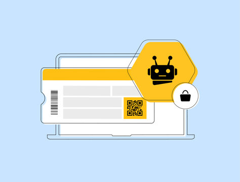 Ticket scalping and bots in online ticket sales, reselling and automated purchasing. Digital fraud, secondary market and event ticketing issues. Ticket scalping bot vector illustration and icons