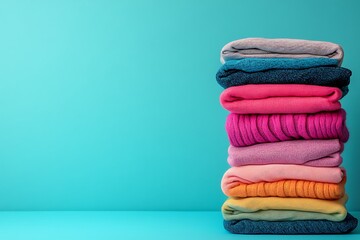 Stack of folded colorful clothes against a blue background