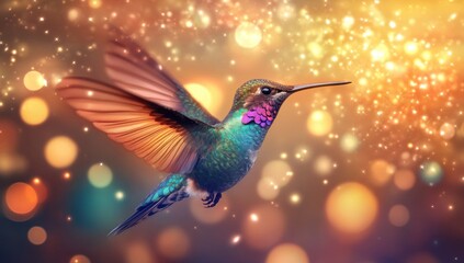 Obraz premium Flying hummingbird, bokeh, golden lights, celebration