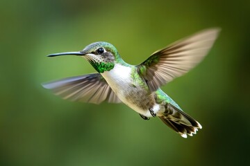 Flying hummingbird in a vibrant green forest