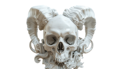 Sculpted skull with horns: A captivating sculpture of a human skull, embellished with intricate horns, a testament to artistry and the macabre. This image invokes a sense of mystery and symbolism.