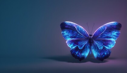 3D Surreal Butterfly made of Blue and Purple Lights on Reflective Surface with Dreamlike Background