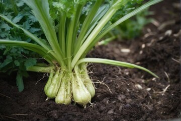 Obraz premium Healthy celery plant with vibrant green leaves and bulbous root in garden bed, surrounded by dark brown soil.