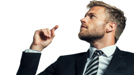 Png of Confident Caucasian businessman in a suit expression of inspiration on transparent background.