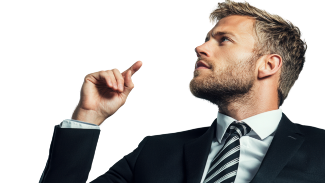 Png of Confident Caucasian businessman in a suit expression of inspiration on transparent background.