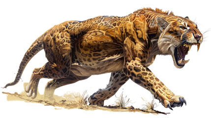 Ancient Predator: A prehistoric beast, a Smilodon, strides powerfully across a barren landscape, jaws agape in a display of primal dominance and raw power.