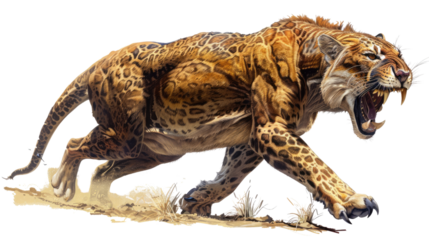 Ancient Predator: A prehistoric beast, a Smilodon, strides powerfully across a barren landscape, jaws agape in a display of primal dominance and raw power.
