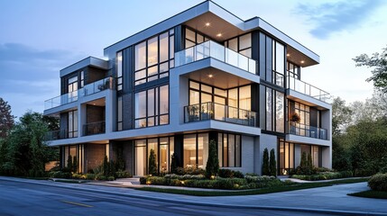 A contemporary apartment building with spacious balconies, large glass windows, and a clean, modern design, located in a peaceful urban environment.