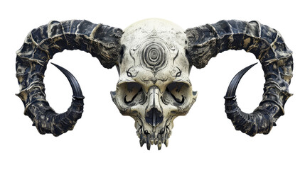 Eerie Skull: A mysterious, intricately detailed skull with massive, curving horns against an evocative backdrop, hinting at ancient stories and the unknown.