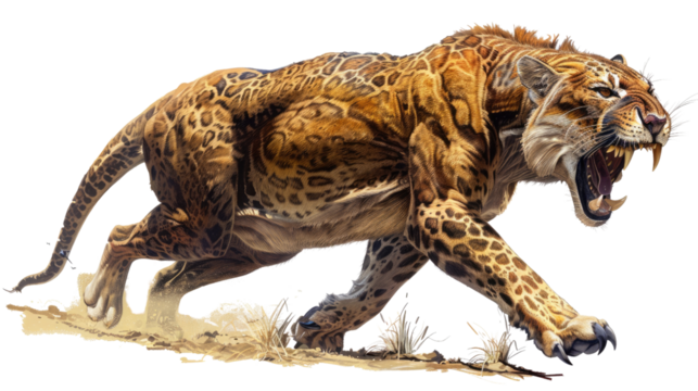 Ancient Predator: A prehistoric beast, a Smilodon, strides powerfully across a barren landscape, jaws agape in a display of primal dominance and raw power. - Powered by Adobe