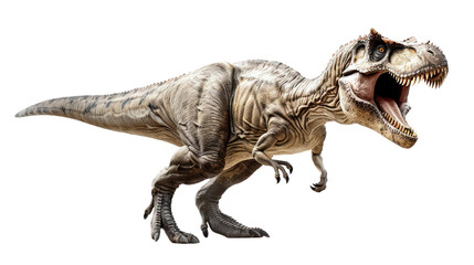 Fototapeta premium Roaring Tyrannosaurus Rex: A photorealistic depiction of a fearsome Tyrannosaurus Rex in a dynamic pose, mouth agape in a mighty roar.