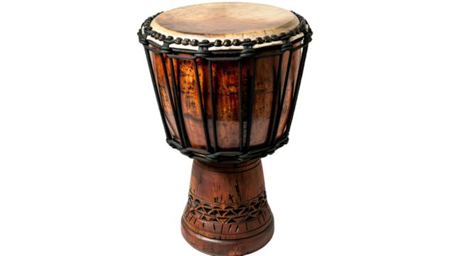 Rhythmic Resonance: A Detailed Capture of a Handcrafted African Djembe Drum, showcasing its intricate design and textures, a symbol of cultural heritage and the heartbeat of ancient rhythms.