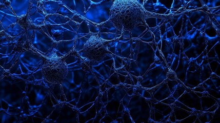 Interconnected network of neurons, synapses, and nerve cells forms a complex system in deep blue shades.