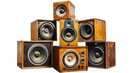 Vintage Speakers Stack: A unique collection of vintage speakers stacked together, each with a distinct wooden enclosure and visible speaker components