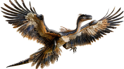Obraz premium Soaring Raptor: An impressive illustration of a raptor, a prehistoric creature, gliding through the air with its wings spread, showcasing intricate feather details and a dynamic pose.