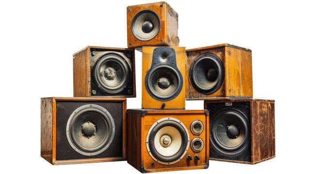 Vintage Speakers Stack: A unique collection of vintage speakers stacked together, each with a distinct wooden enclosure and visible speaker components