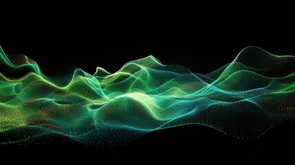 Obraz premium Abstract digital landscape with vibrant green and blue waves against a black backdrop.