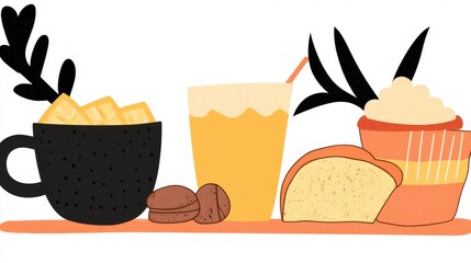 Stylized Illustration of Coffee, Orange Drink, Dessert and Bread
