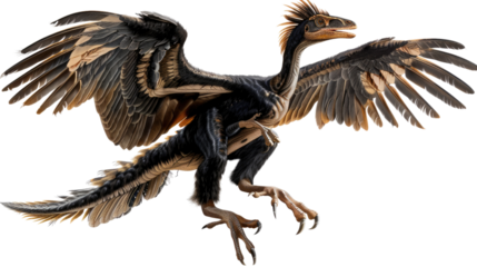 Dino-Bird in Flight: An artistic representation of a feathery dinosaur with outstretched wings, soaring in a dynamic pose against a pure background, highlighting the beauty of prehistoric creatures