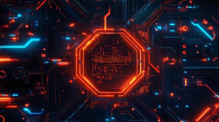 Fototapeta premium Abstract glowing circuit board with a central octagon. Lines of neon light and intricate design.