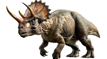 Obraz premium Triceratops Prehistoric Era: A highly detailed, realistic rendering of a Triceratops, a herbivorous dinosaur from the late Cretaceous period, showcasing its distinct three horns and frill.