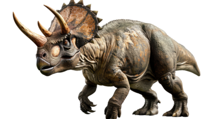 Triceratops Prehistoric Era: A highly detailed, realistic rendering of a Triceratops, a herbivorous dinosaur from the late Cretaceous period, showcasing its distinct three horns and frill.