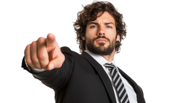 Png of Confident Middle-Eastern man in a suit firmly pointing with a serious expression, conveying a sense of authority on transparent background.