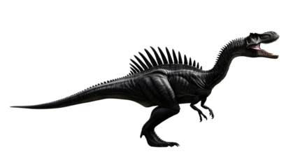 Ancient Ruler: An ominous Spinosaurus strides confidently, its silhouette defining against a clear background, embodying the power and dominance of a bygone era. 