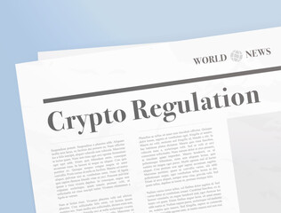 Crypto regulation news headline. Cryptocurrency policies, financial laws, government rules, blockchain compliance and legal frameworks. Digital assets and fintech regulations. Vector illustration