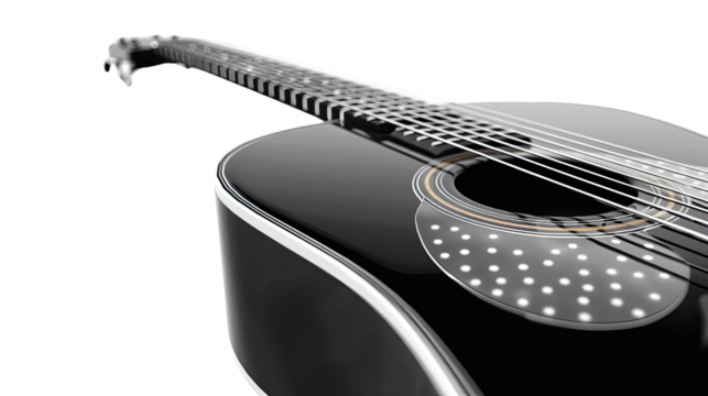 Acoustic Guitar: A stunning acoustic guitar in a studio, showcasing its elegant lines and craftsmanship with a subtle blur.