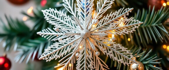Naklejka premium Elegant silver starburst Christmas decoration with sparkling glitter effect, celebration, background, ice