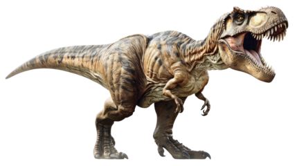 Tyrannosaurus Rex: A formidable Tyrannosaurus Rex stands in a dynamic pose, its fearsome jaws agape, showcasing the majesty of the prehistoric era.