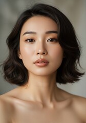 Obraz premium Soft light illuminates serene woman subtle makeup natural beauty portrait. AI Generated