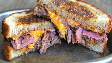 Closed sandwich with smoked ham and cheddar in a toasted brioche bun, on wooden board, macro food detail shot