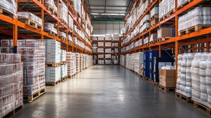 A factory warehouse with perfectly organized shelving, stacked containers, and an unoccupied space, ready for new products.