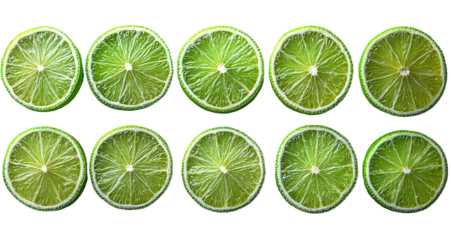 Zesty Citrus Slices: Sliced limes arranged in a vibrant pattern, showcasing their fresh green hue and juicy texture, ready to add a burst of flavor.
