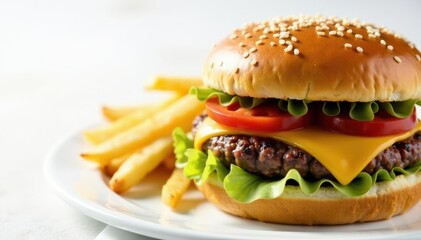 Close-up shot of greasy burger and fries on white , closeup, unhealthyfood